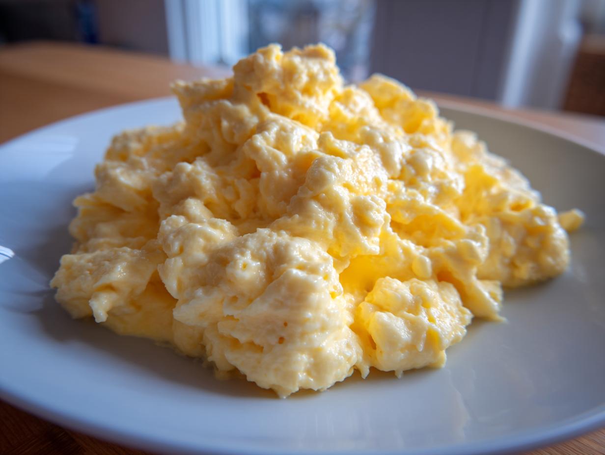 A close-up of a generous serving of creamy, pale yellow scrambled eggs piled high on a white plate.
