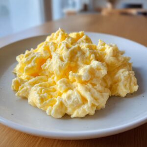 A close-up of fluffy, creamy scrambled eggs served on a light-colored plate.