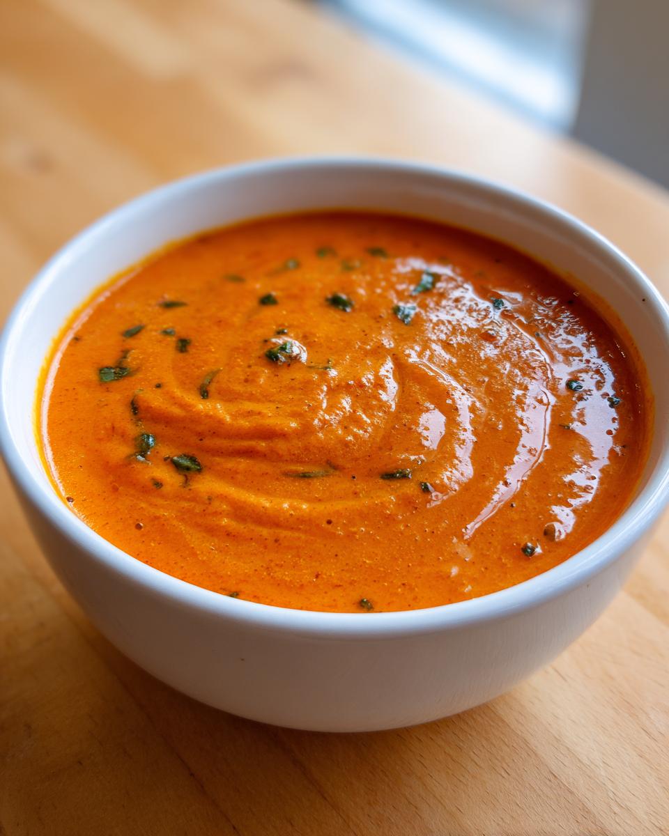 Close-up of a vibrant, creamy tomato basil soup garnished with chopped basil in a white bowl.