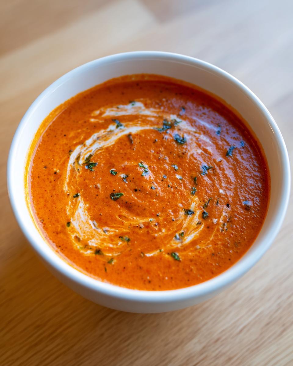 Close-up of rich, orange tomato basil soup swirled with cream and topped with fresh herbs.