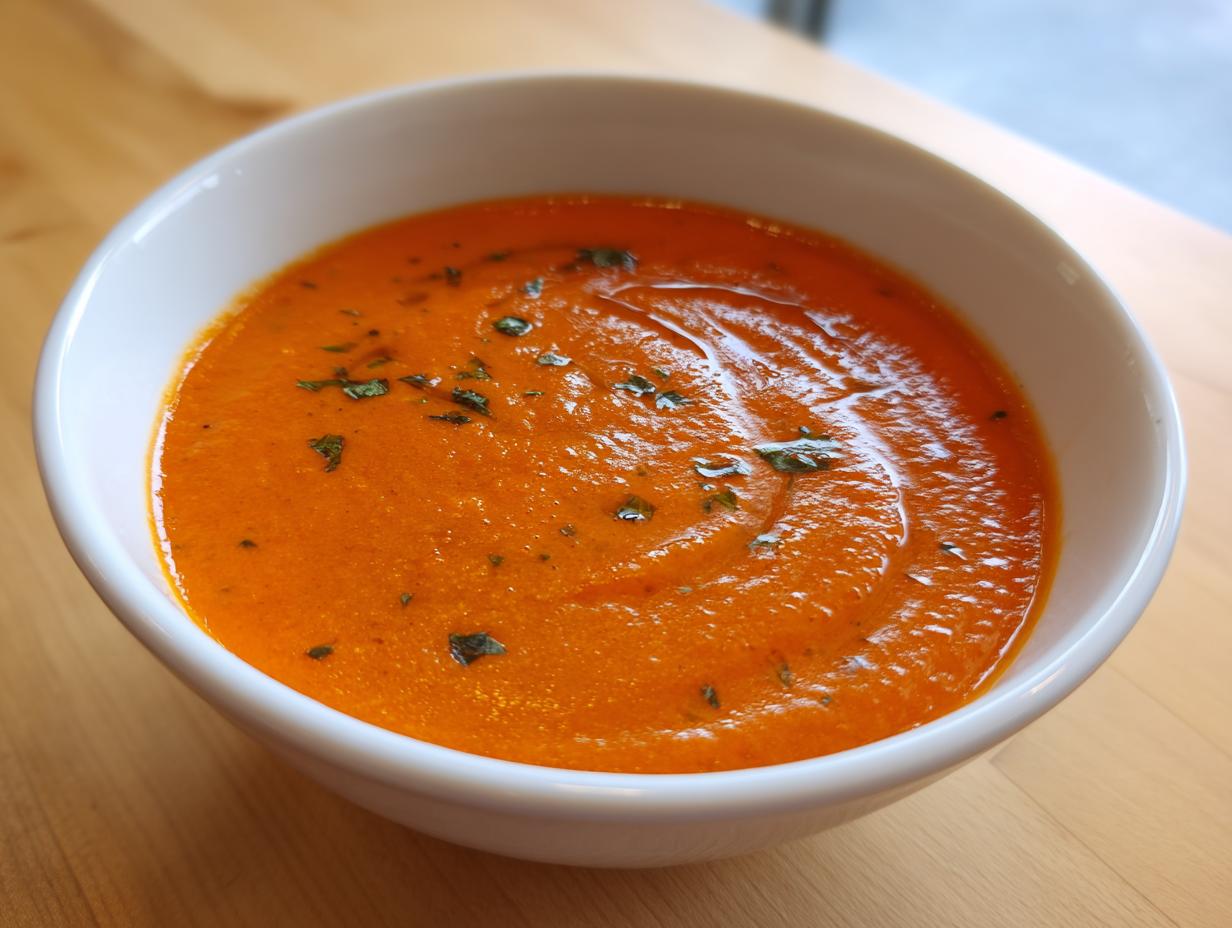 Close-up of a white bowl filled with creamy, vibrant orange tomato basil soup, garnished with chopped herbs.