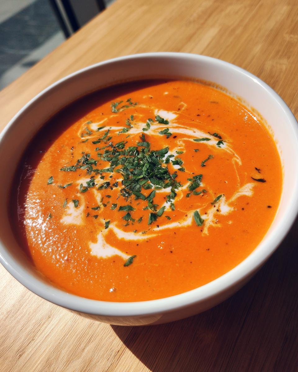 Close-up of a vibrant orange tomato basil soup garnished with a swirl of cream and fresh chopped herbs.