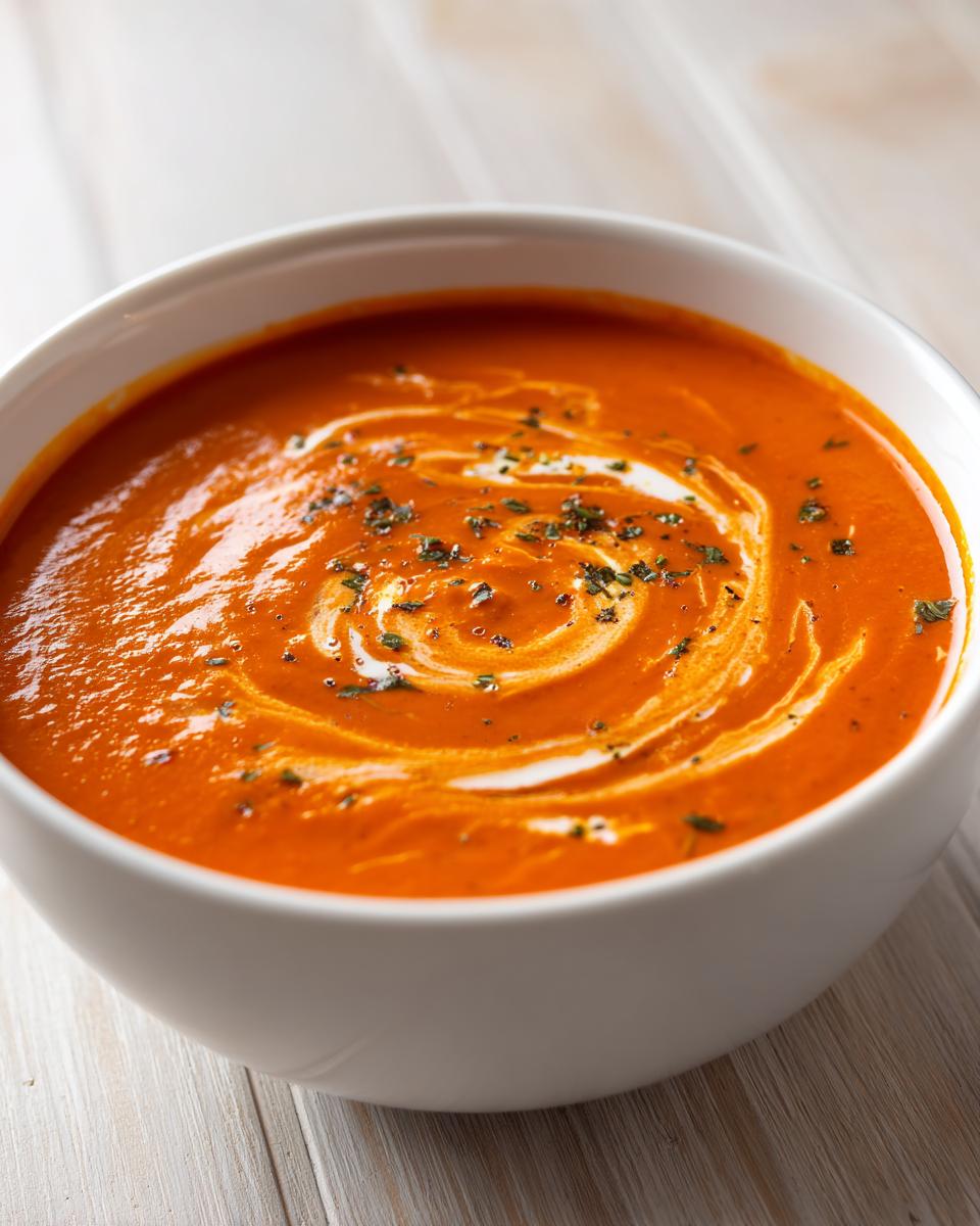 Close-up of vibrant orange tomato basil soup swirled with cream and sprinkled with herbs.