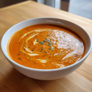 Close-up of creamy tomato basil soup garnished with a swirl of cream and fresh herbs.