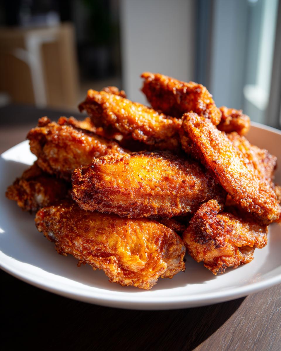 A close-up of a pile of golden brown, crispy air fryer chicken wings stacked on a white plate.