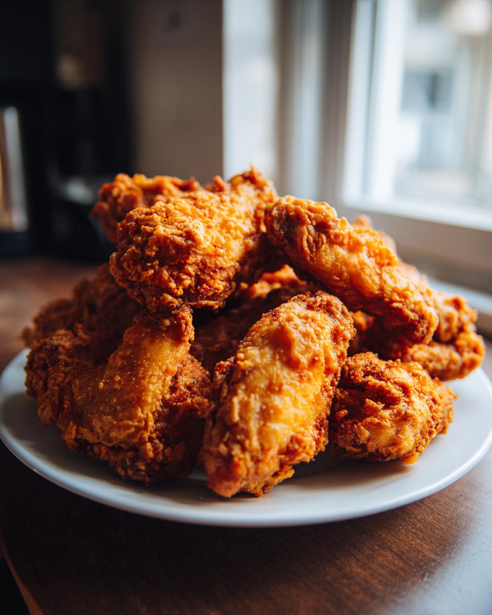 A mound of golden brown, crispy air fryer chicken wings piled high on a white plate near a window.