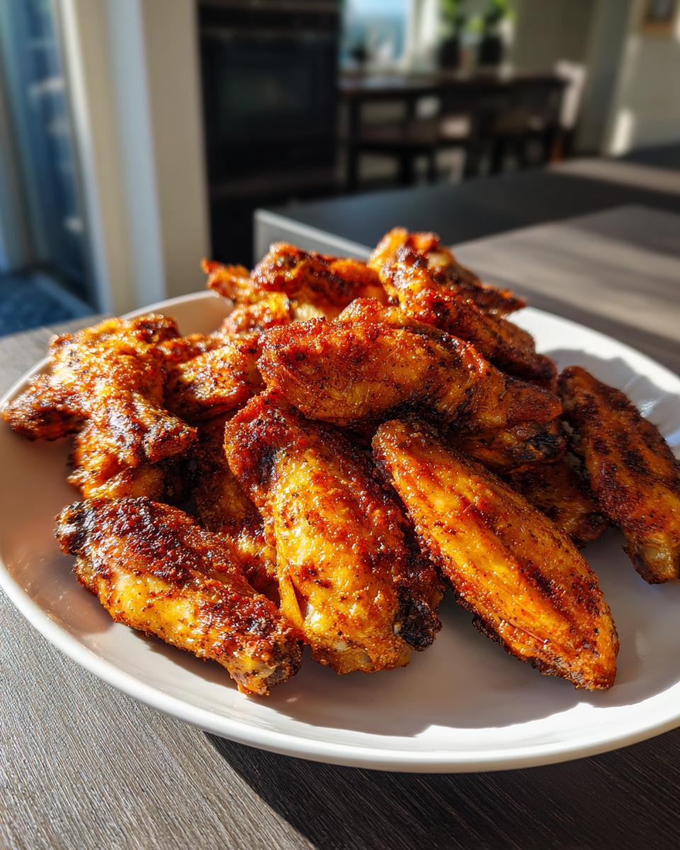 A heaping pile of golden brown, seasoned crispy air fryer chicken wings served on a white plate.