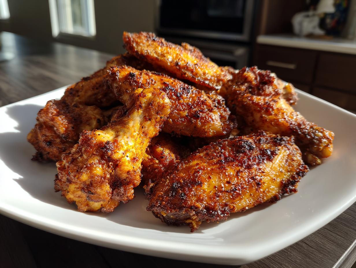 A pile of perfectly seasoned and crispy air fryer chicken wings stacked on a white plate.