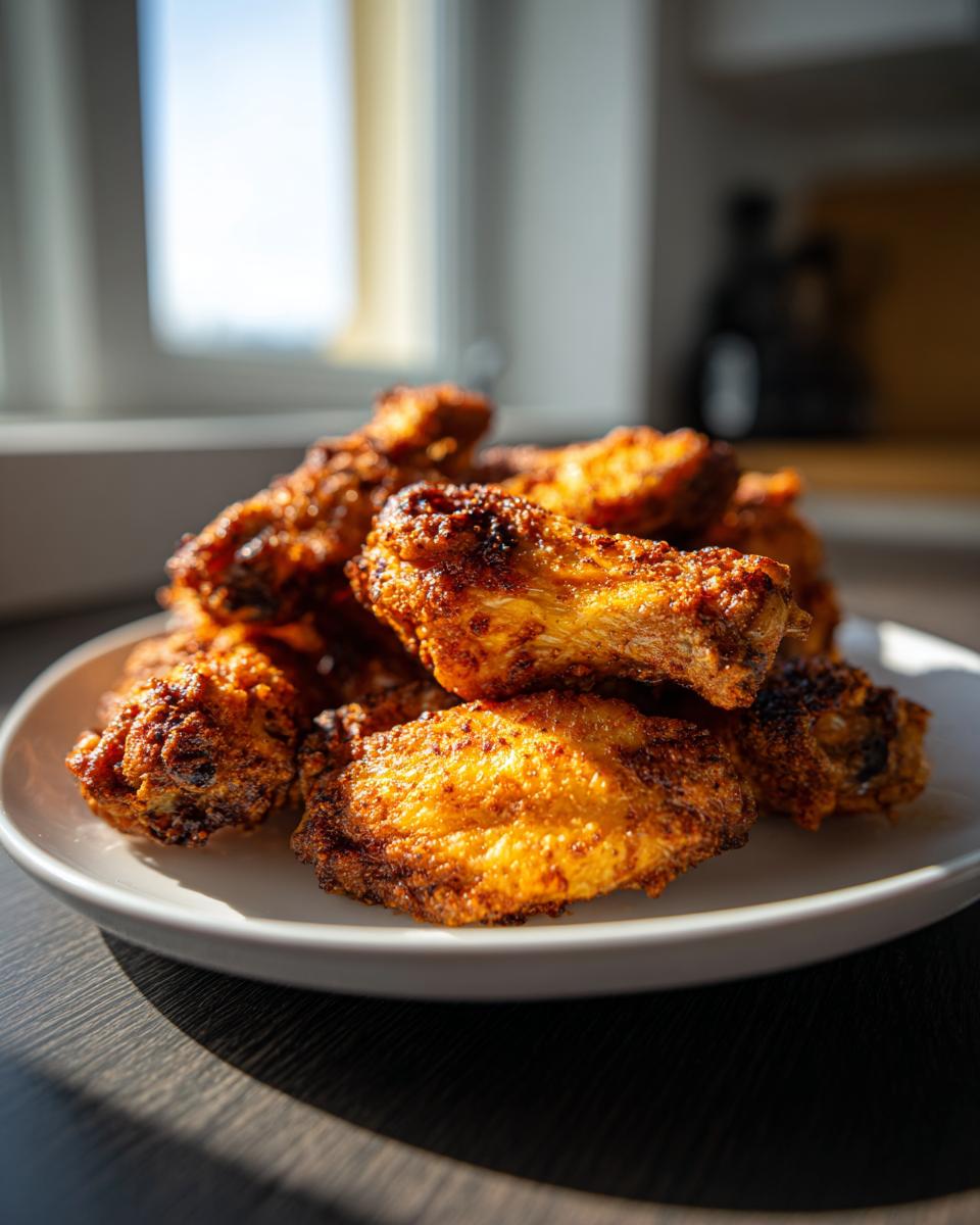 A close-up of a pile of golden brown, crispy air fryer chicken wings resting on a white plate.