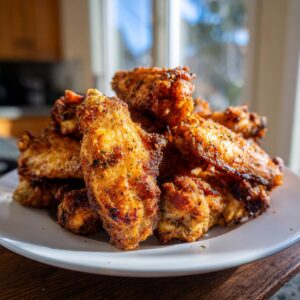 A mound of perfectly seasoned and crispy air fryer chicken wings piled high on a white plate.
