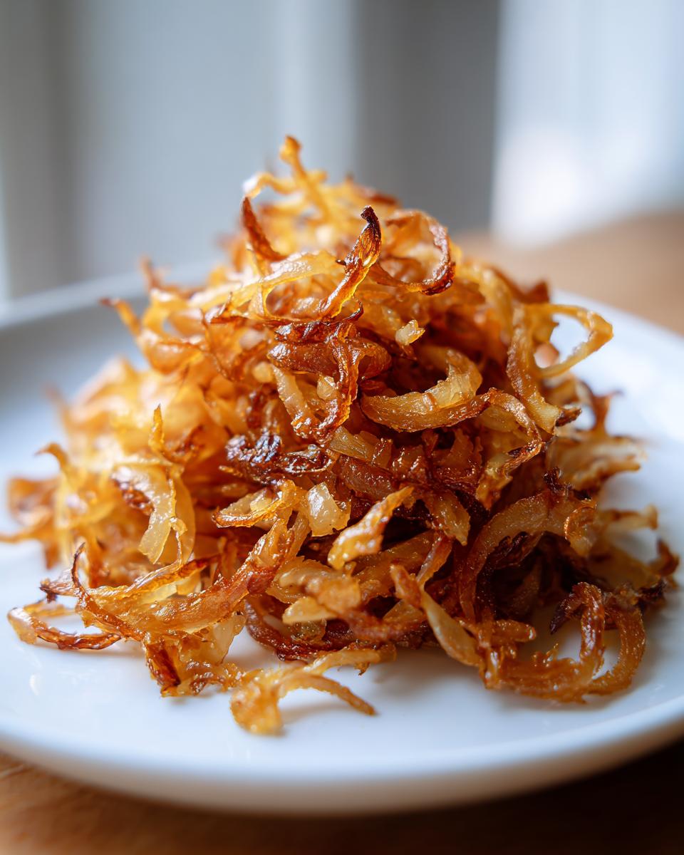 A close-up of a mound of golden brown, crispy caramelized onions piled high on a white plate.