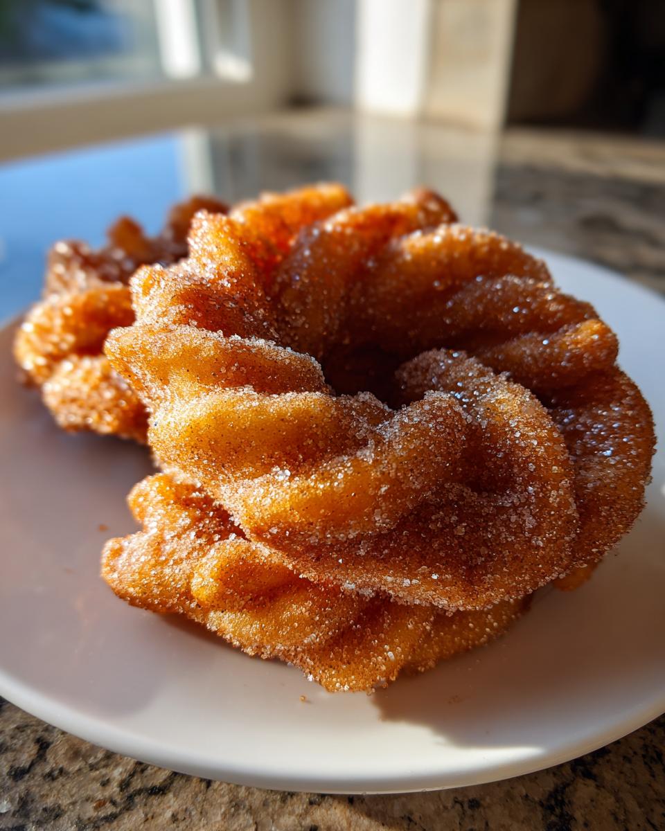 Close-up of a freshly fried, crispy buñuelos pastry heavily coated in sparkling cinnamon sugar.