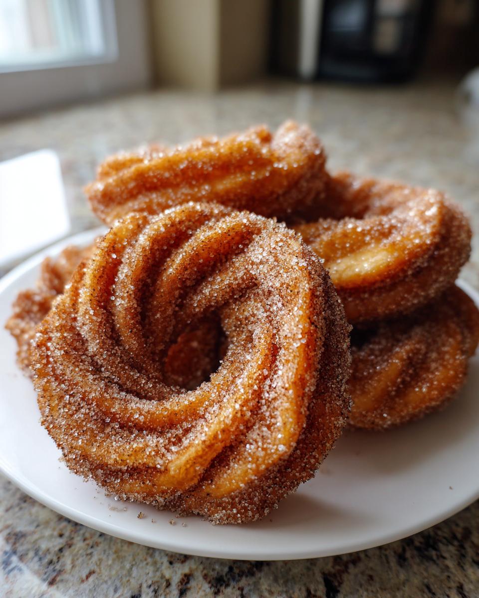 A close-up of several crispy, ring-shaped buñuelos heavily coated in cinnamon sugar, resting on a white plate.