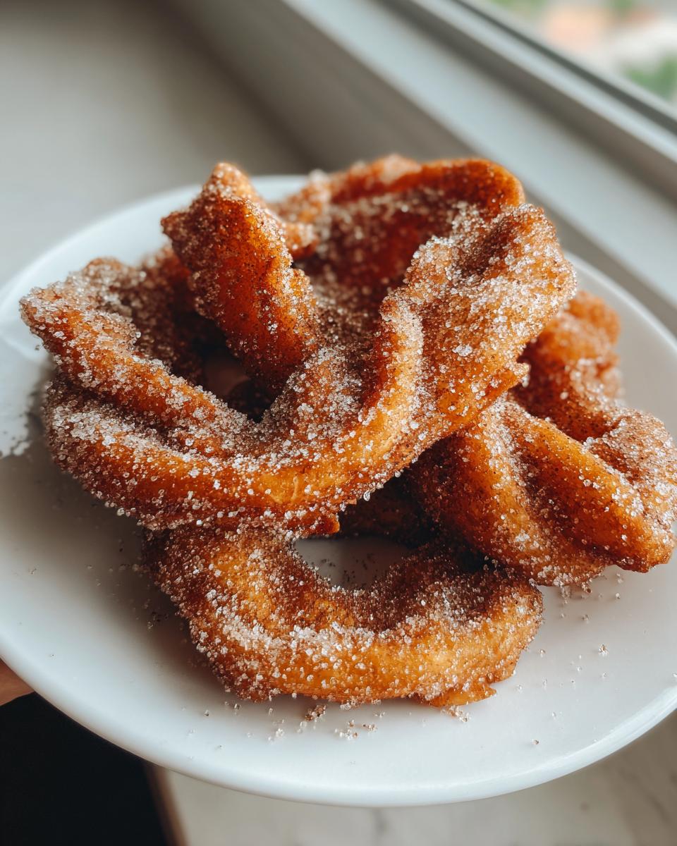 A close-up of several golden-brown, twisted buñuelos heavily coated in sparkling cinnamon sugar on a white plate.