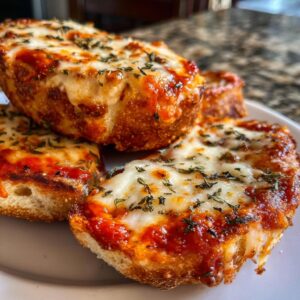 Close-up of several crispy english muffin pizza halves topped with melted mozzarella and herbs.