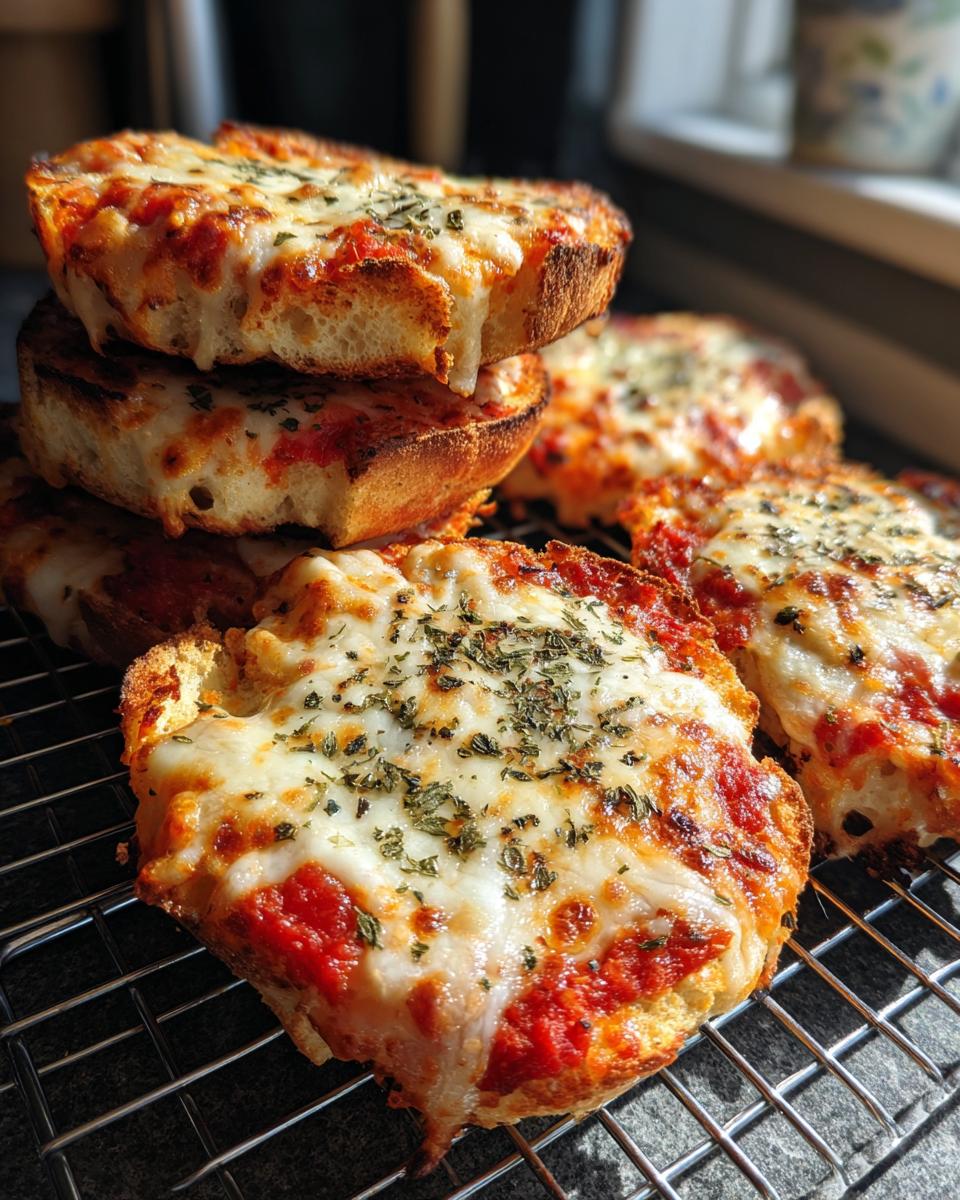 Close-up of several freshly baked english muffin pizza halves with melted, bubbly cheese and herbs on a cooling rack.