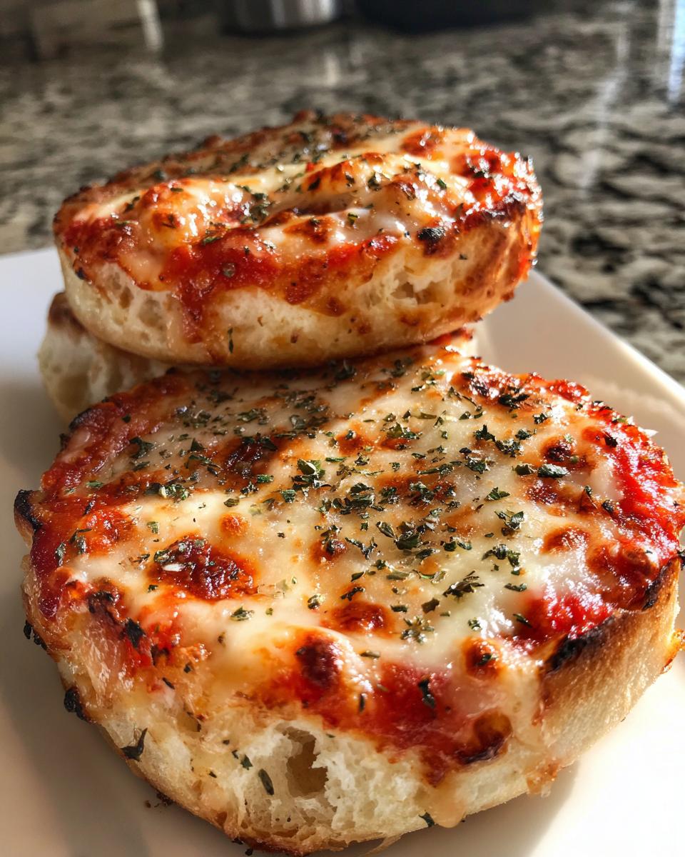 Close-up of two crispy english muffin pizza halves topped with melted cheese and herbs.