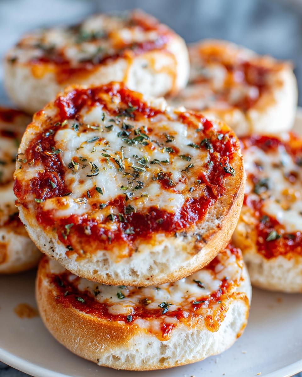 Close-up of stacked, crispy english muffin pizza halves topped with melted mozzarella and herbs.