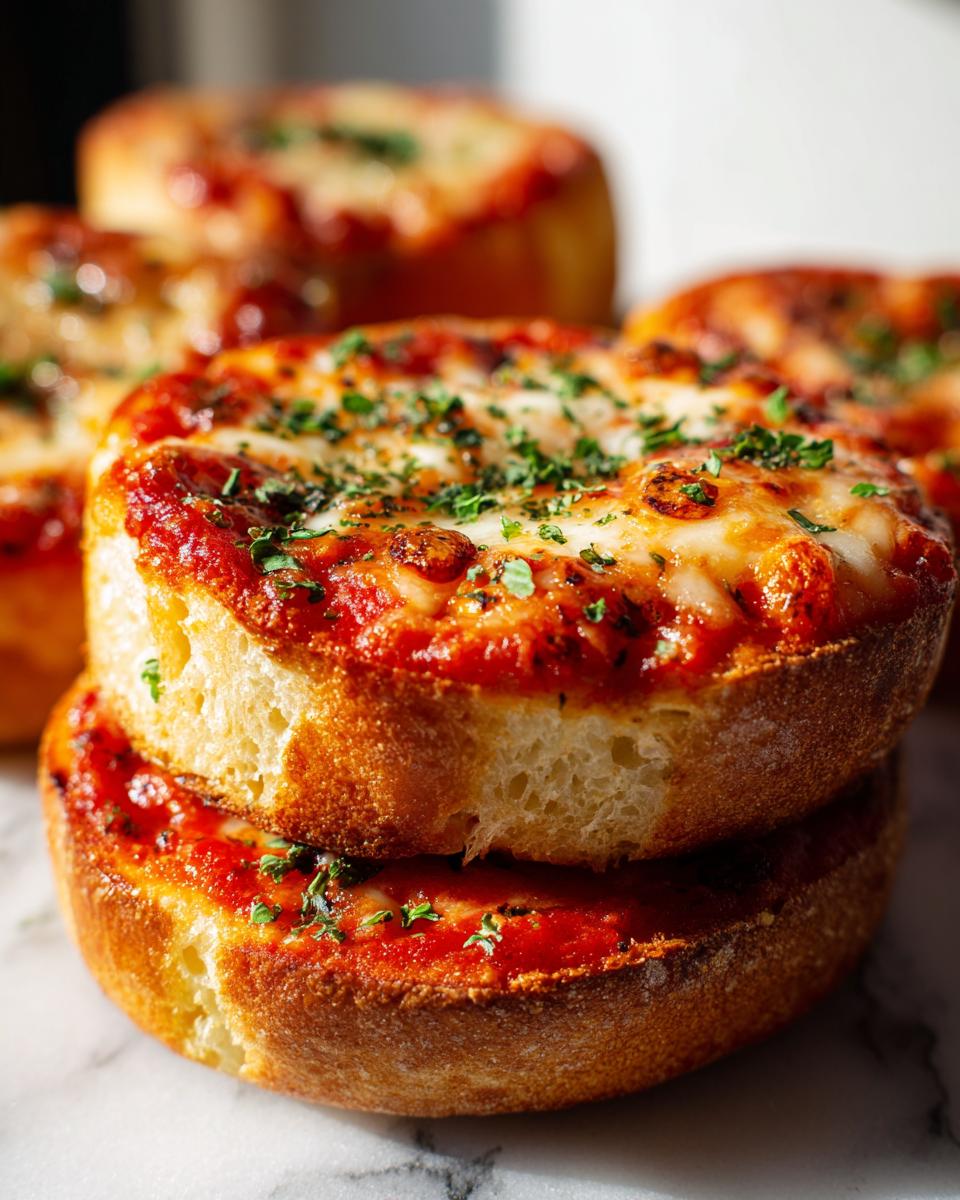 Close-up of two stacked english muffin pizza halves topped with melted cheese, sauce, and herbs.