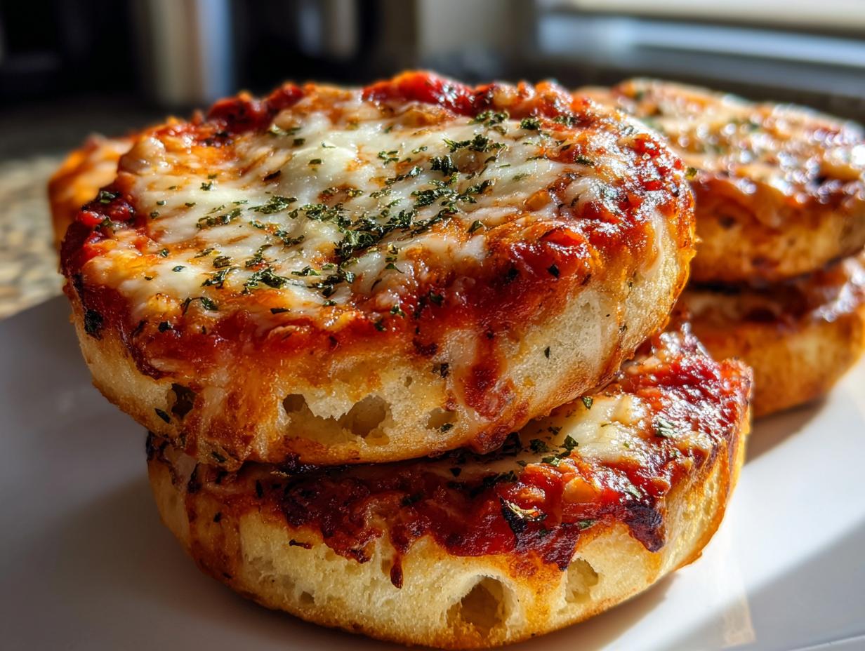 Close-up of stacked, crispy english muffin pizza halves topped with melted mozzarella and dried herbs.