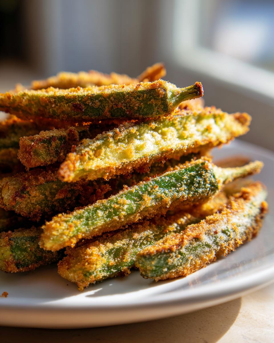 A close-up stack of golden brown, crispy fried okra pieces on a white plate.