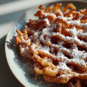 Close-up of a golden brown, crispy funnel cake recipe serving dusted heavily with white powdered sugar on a light blue plate.