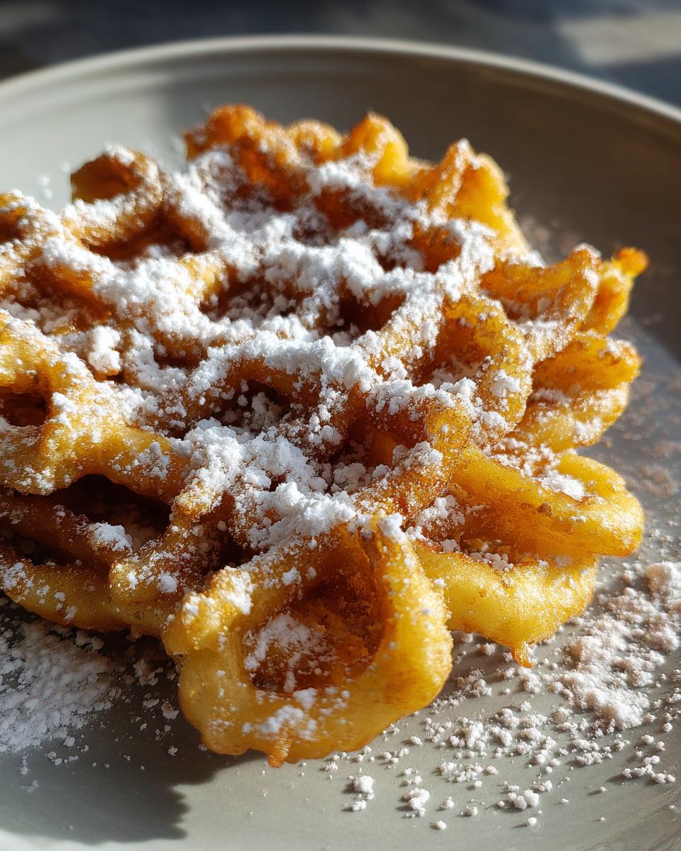Close-up of a golden brown, crispy funnel cake recipe dusted generously with white powdered sugar on a gray plate.