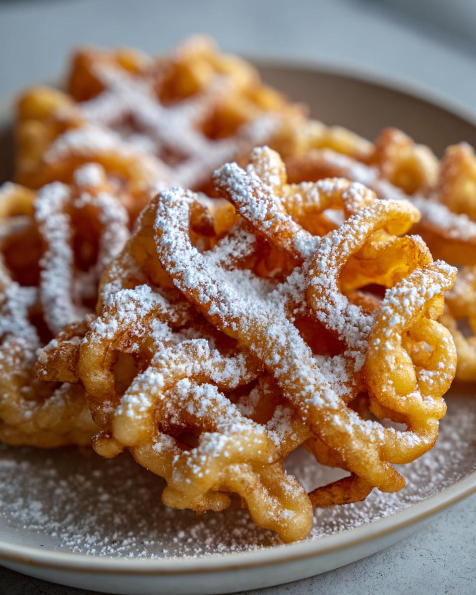 Close-up of golden brown, crispy funnel cake recipe pieces generously dusted with white powdered sugar.