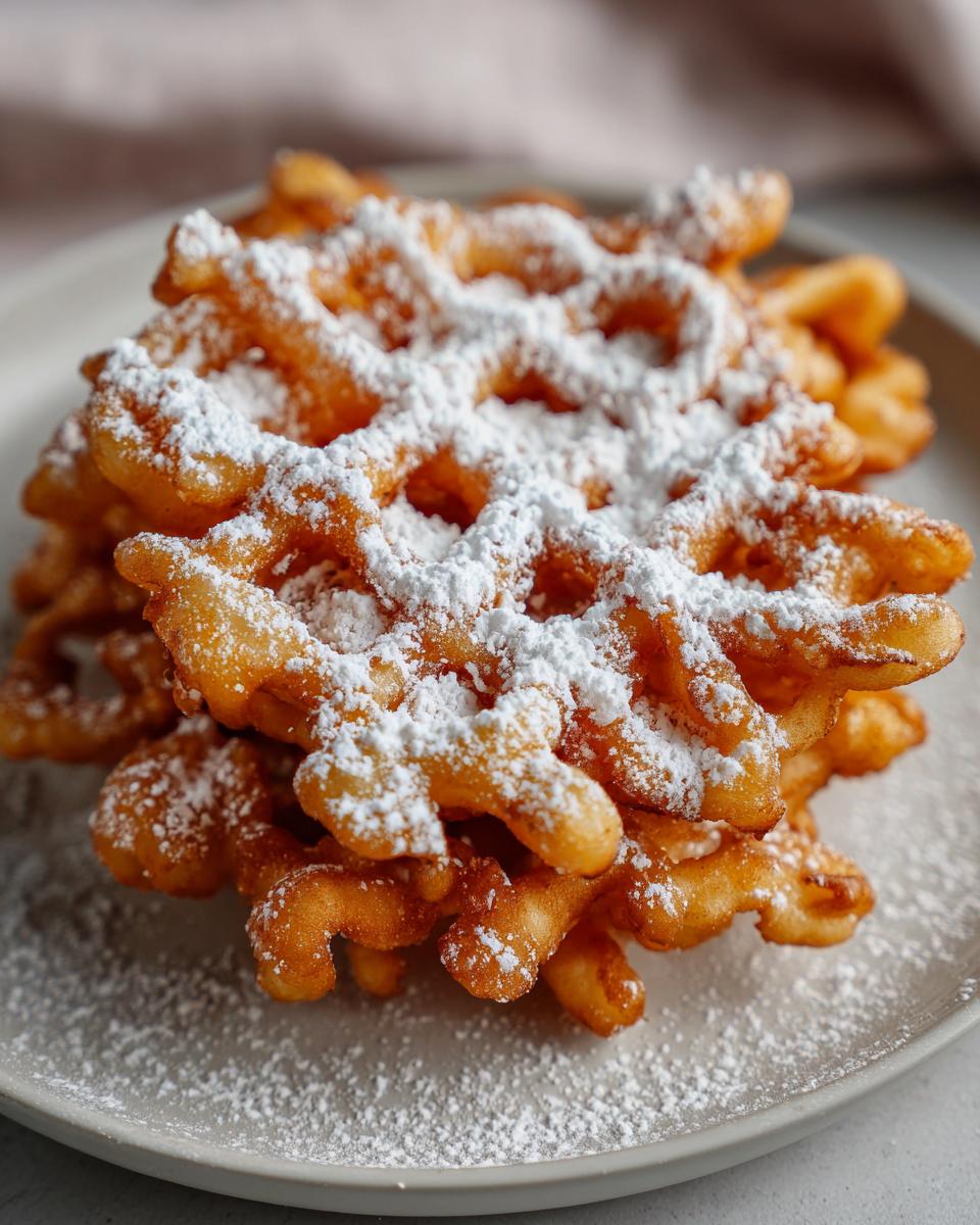 A close-up of a freshly made funnel cake recipe pile, dusted heavily with white powdered sugar on a light gray plate.