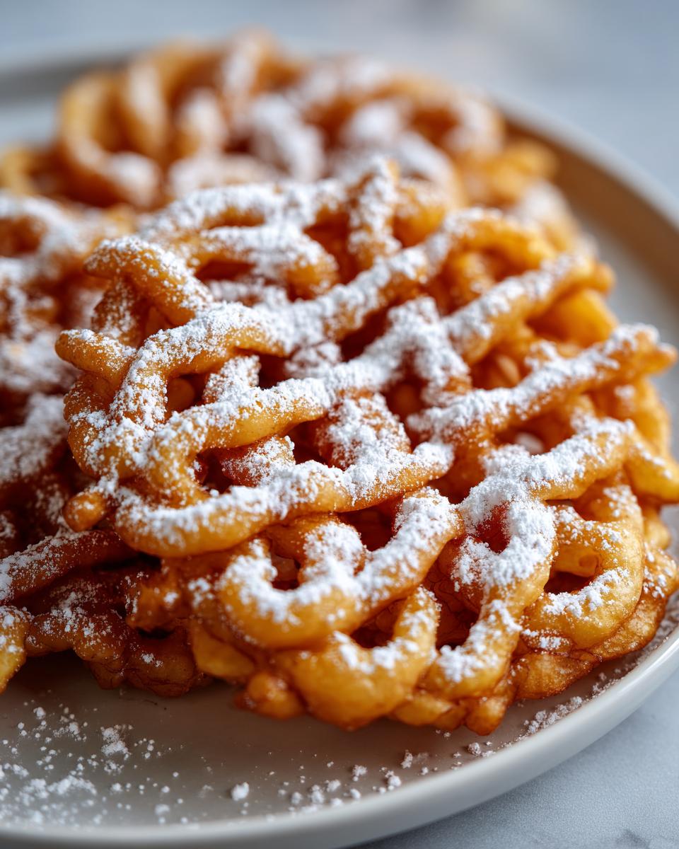 Close-up of a golden brown funnel cake recipe creation dusted heavily with white powdered sugar on a light gray plate.