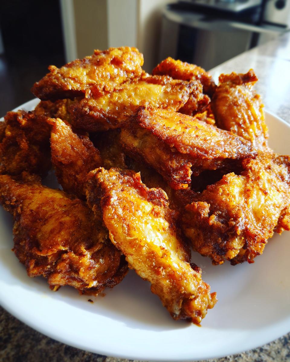 A close-up of a pile of perfectly cooked, crispy golden brown chicken wing pieces served on a white plate.