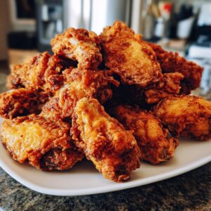 A large pile of perfectly cooked, crispy golden brown chicken wing pieces served on a white plate.