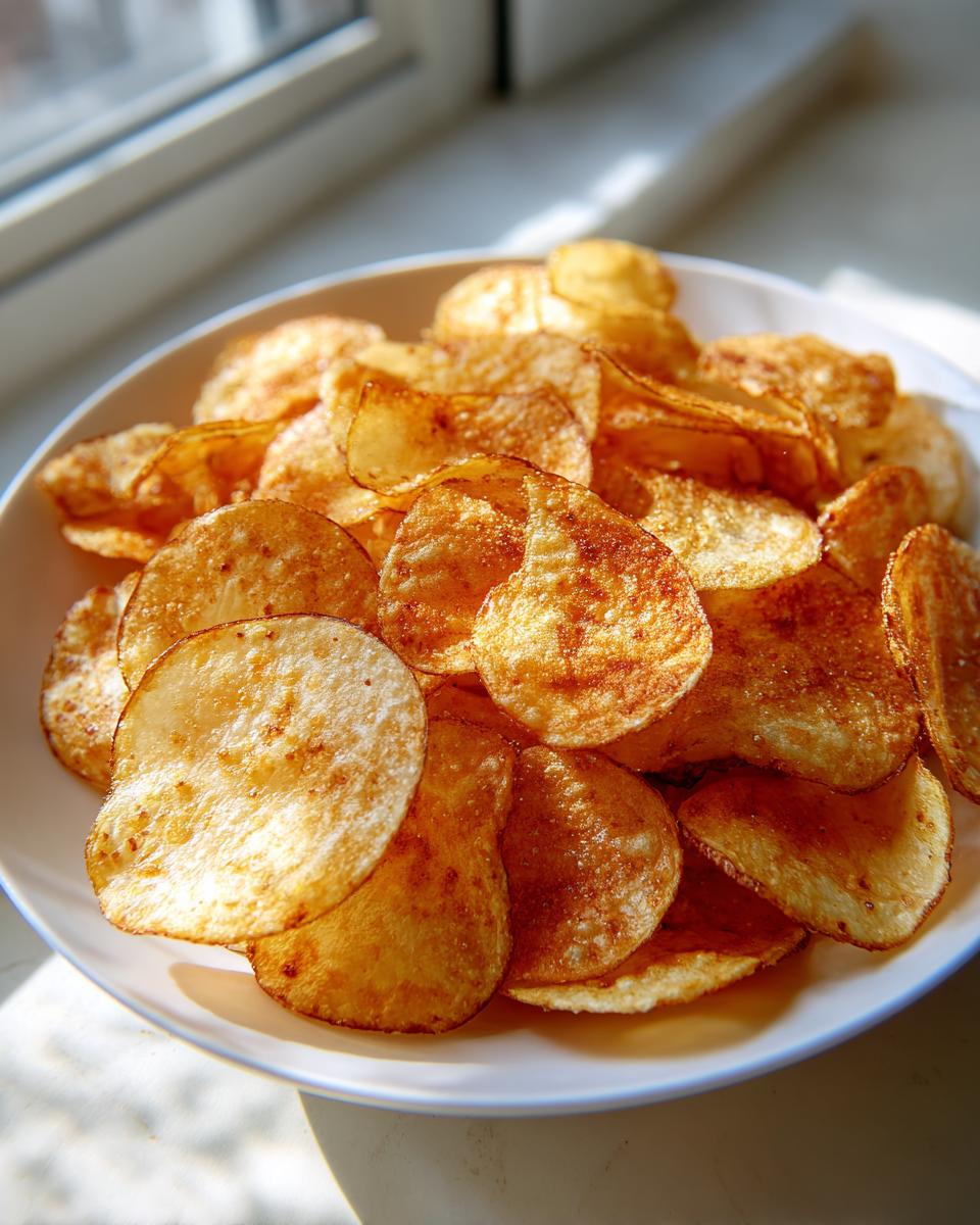 A white bowl filled with golden, crispy homemade potato chips, brightly lit by sunlight near a window.