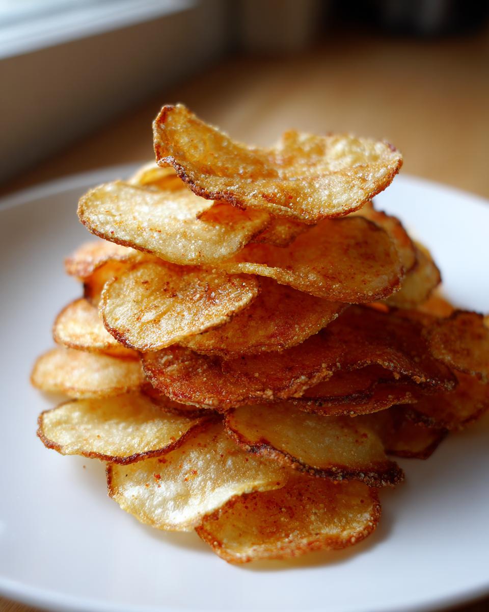 A tall stack of golden, crispy homemade potato chips seasoned lightly, served on a white plate.