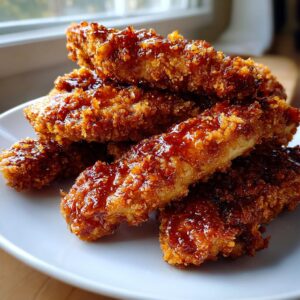 A close-up of crispy, golden brown hot honey chicken tenders piled high on a white plate.