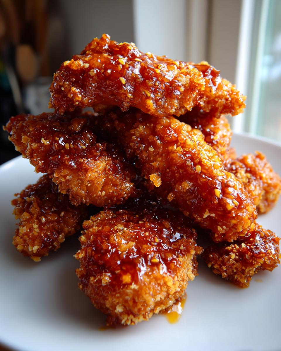 A stack of crispy, golden brown hot honey chicken tenders coated in a glossy, sweet and spicy glaze and sesame seeds.