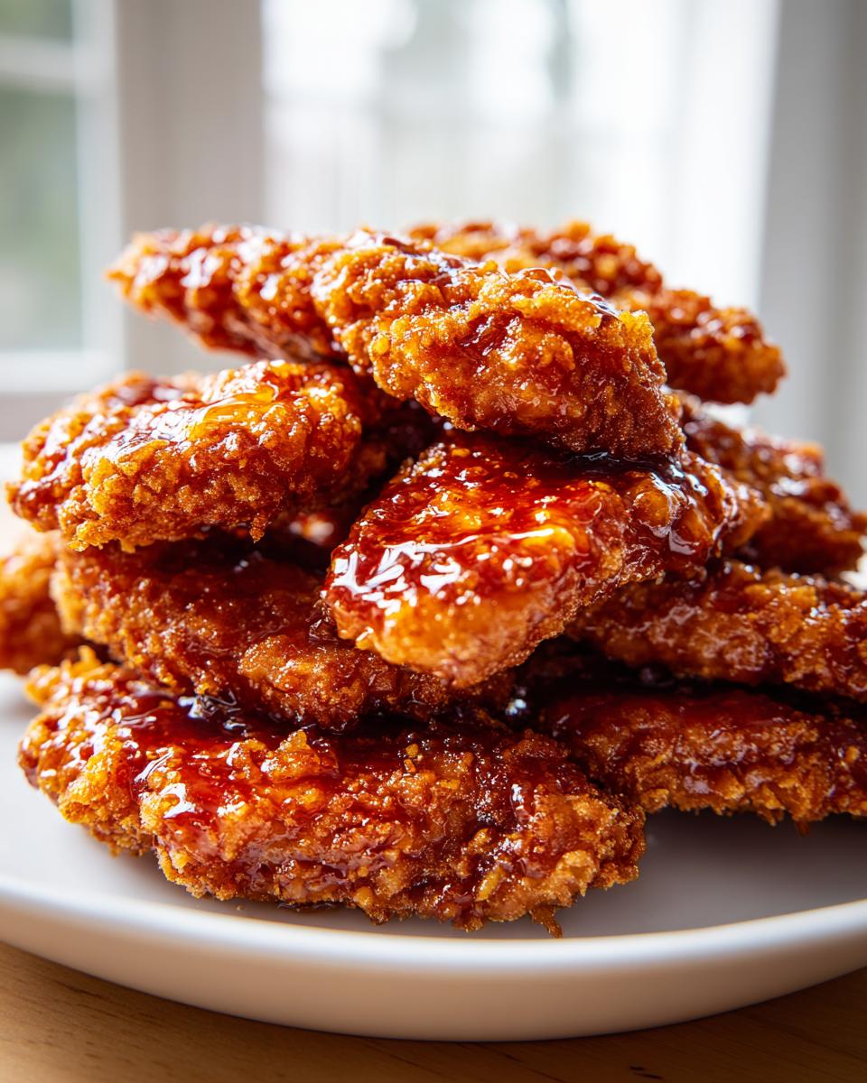 A close-up stack of crispy, golden brown hot honey chicken tenders glistening with sweet and spicy glaze.