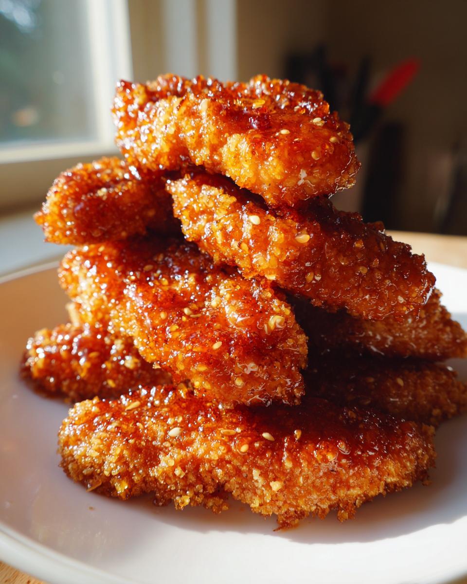 A stack of crispy, glazed hot honey chicken tenders sprinkled with sesame seeds, beautifully lit by sunlight.