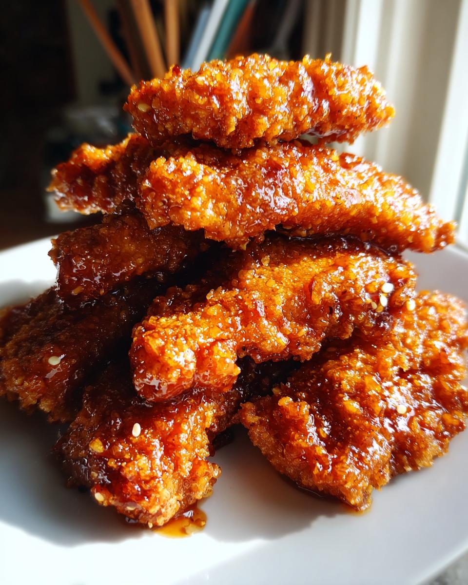 A stack of crispy, glazed hot honey chicken tenders glistening with sauce and sprinkled with sesame seeds.