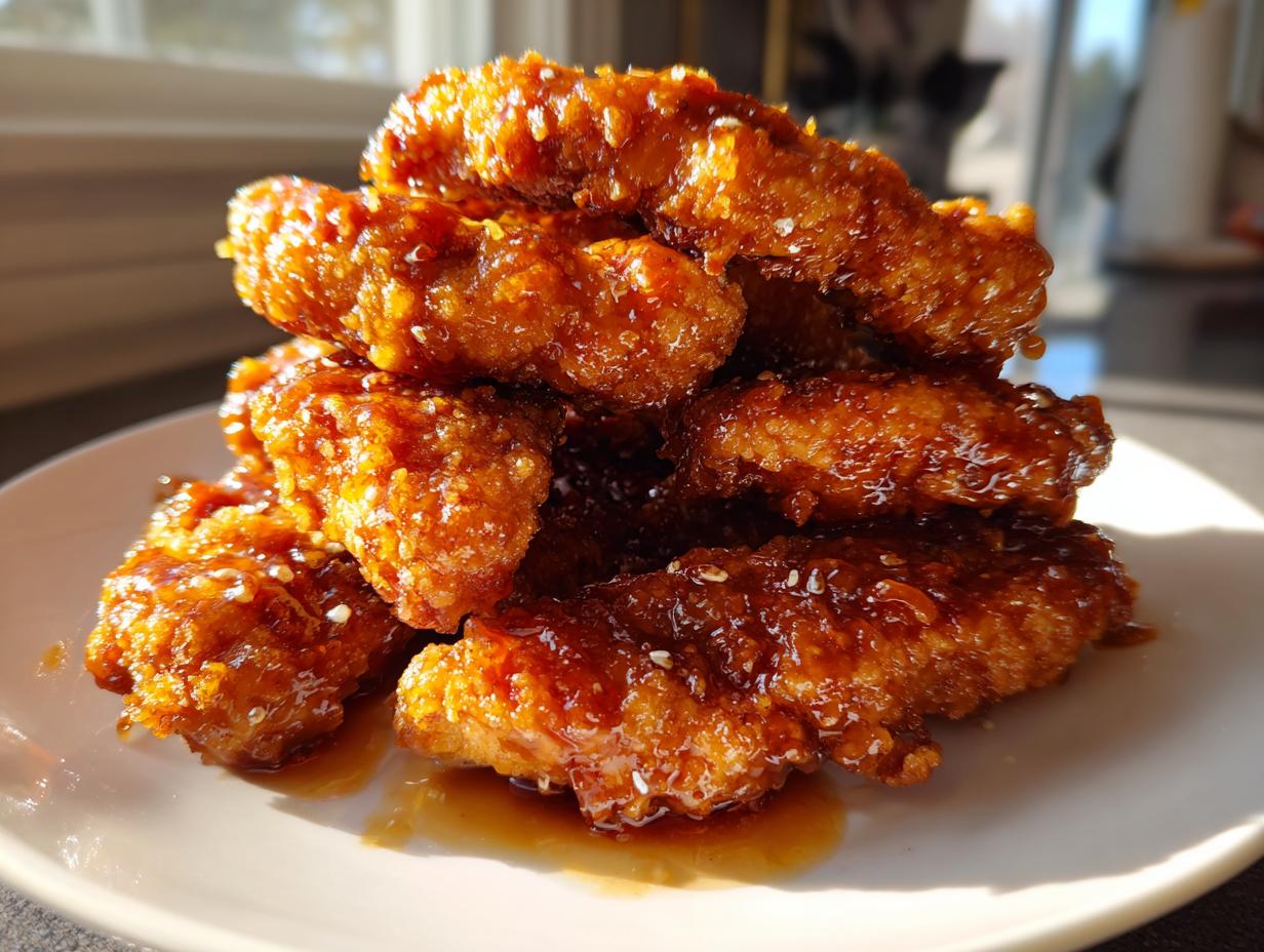 A stack of crispy hot honey chicken tenders coated in a glossy, sweet and spicy glaze and sprinkled with sesame seeds.
