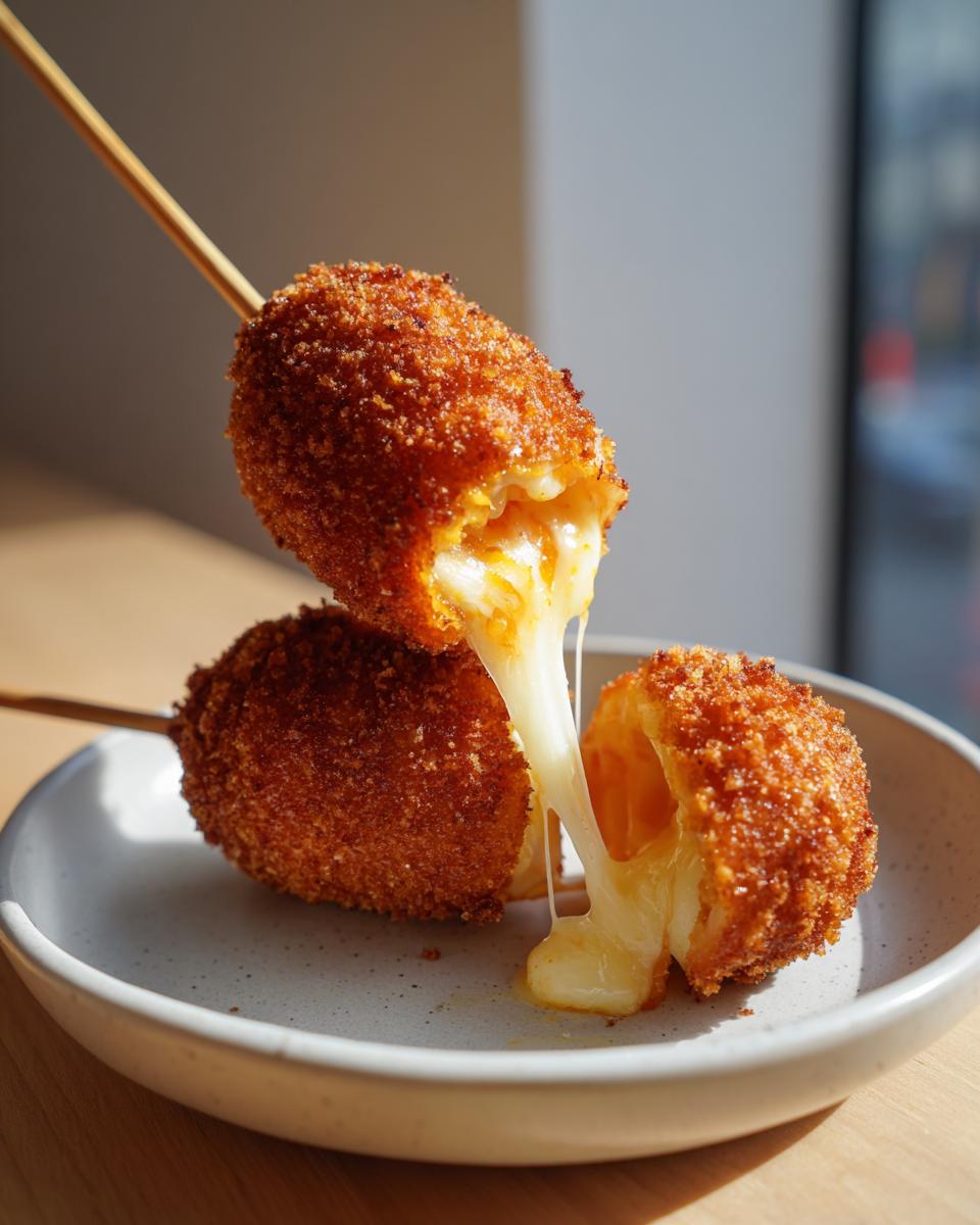 Two crispy, golden-brown korean corn dogs on sticks, one broken open showing a dramatic, stretchy cheese pull.