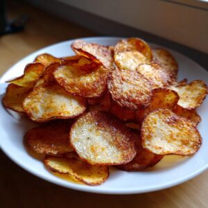 A pile of golden brown, crispy homemade potato chips seasoned with salt, served on a white plate.