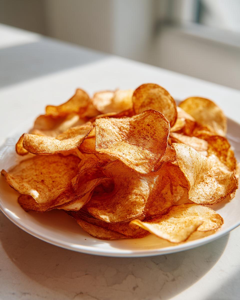 A close-up shot of a pile of golden, crispy homemade potato chips seasoned with spices on a white plate.
