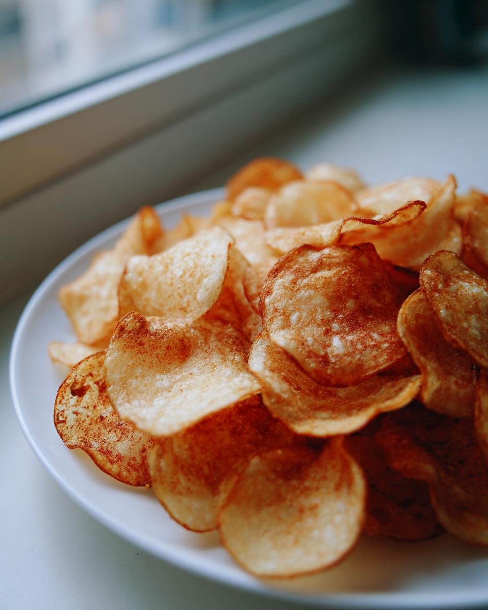 A close-up of a pile of golden brown, crispy potato chips seasoned with spices on a white plate.