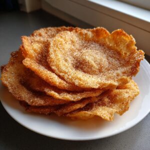 A stack of golden brown, crispy buñuelos heavily dusted with cinnamon sugar on a white plate.