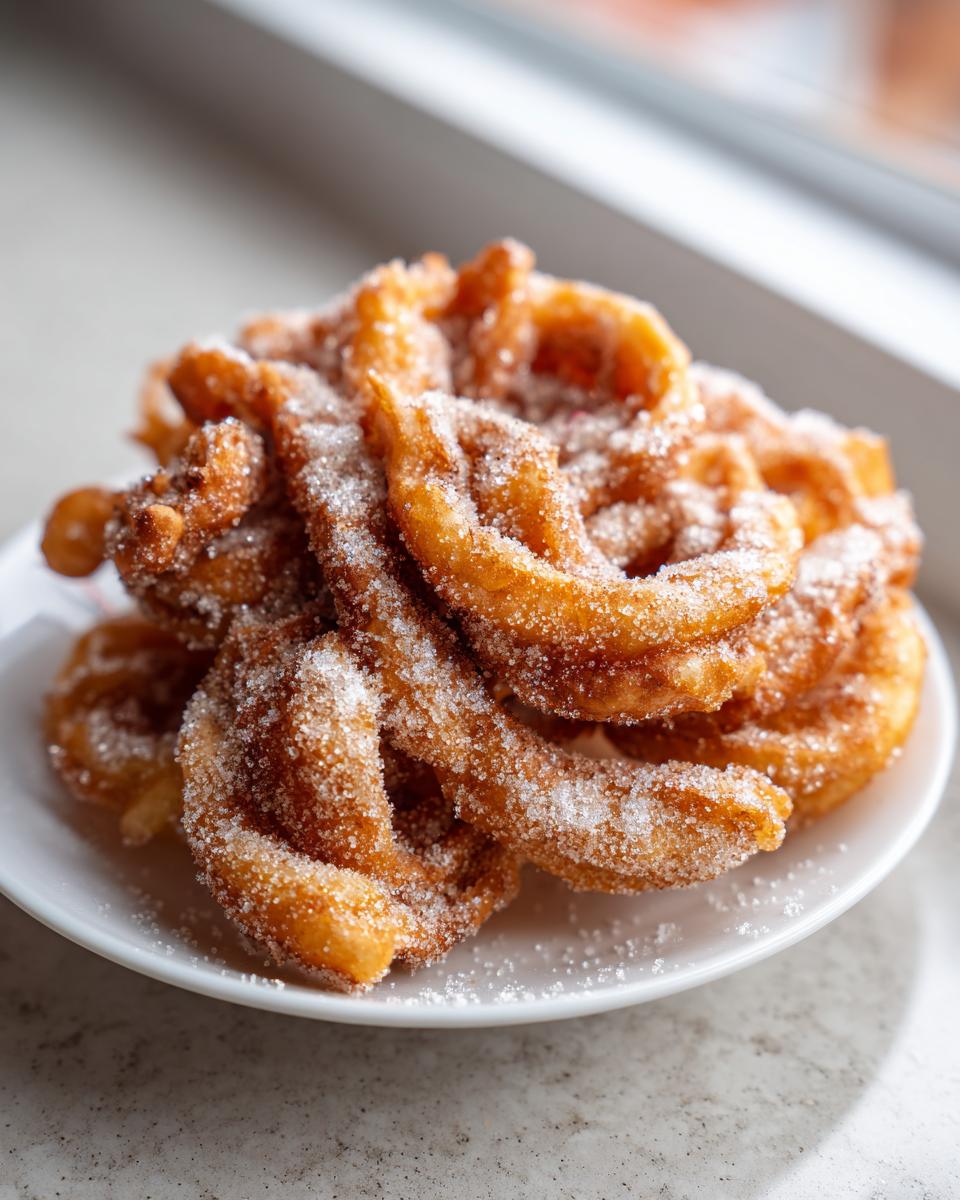 A pile of crispy, golden brown buñuelos heavily dusted with granulated sugar on a white plate.