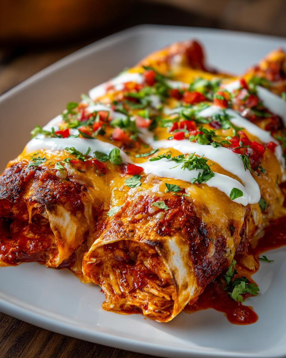 Close-up of cheesy, saucy easy chicken enchiladas topped with sour cream and diced red peppers.