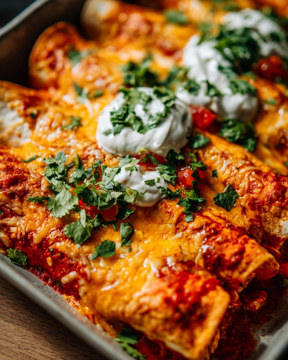 Close-up of baked easy chicken enchiladas covered in melted cheddar, red sauce, sour cream, and fresh cilantro.