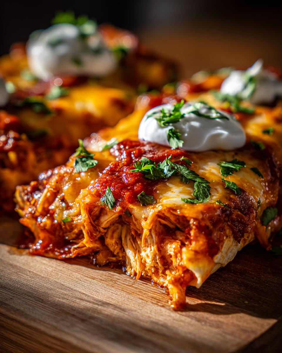 A close-up view of cheesy easy chicken enchiladas smothered in red sauce, topped with sour cream and cilantro.