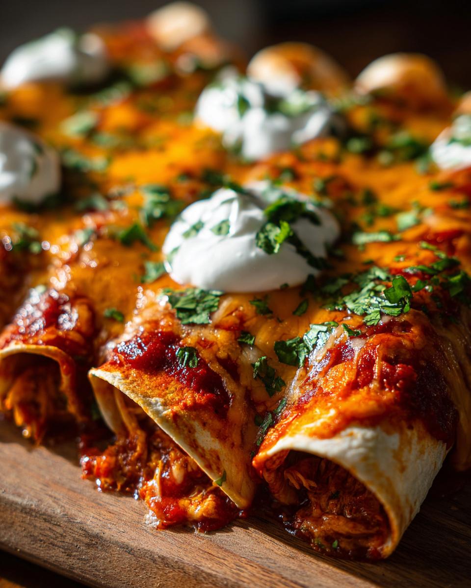 Close-up of baked easy chicken enchiladas covered in melted cheese, red sauce, cilantro, and dollops of sour cream.